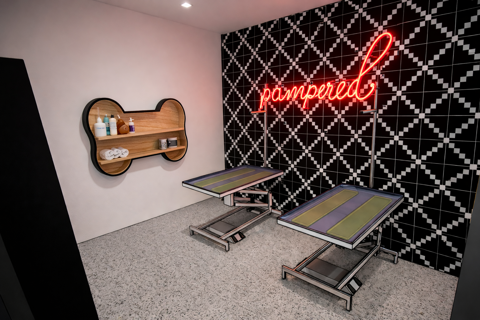 Dog Spa — blow dry and nail room with neon sign