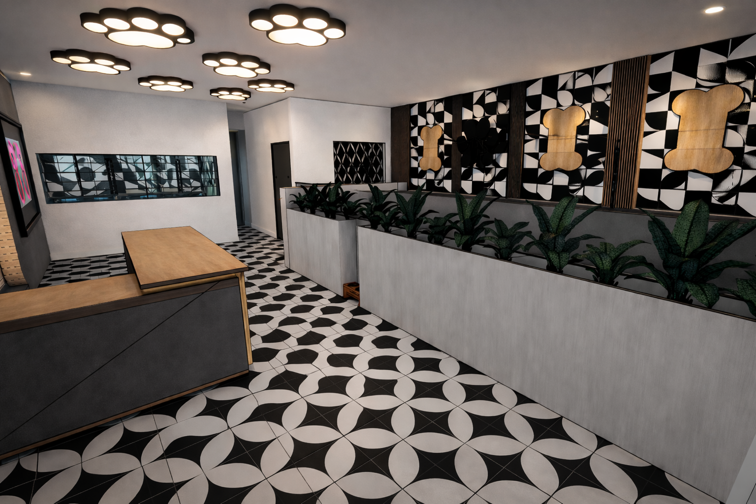 Dog Spa — front room view with geometric black and white design