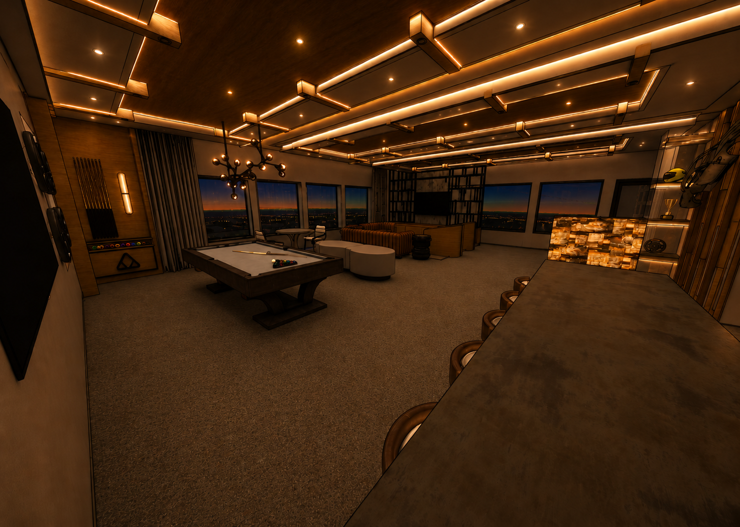 Private Race Car Lounge — alternate view showing bar area and entertainment space