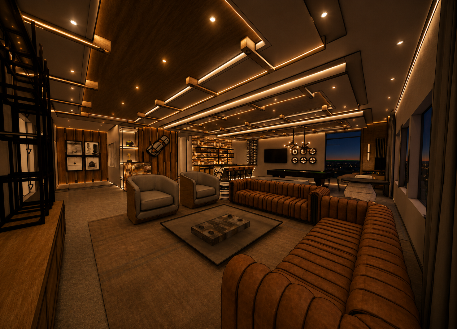 Private Race Car Lounge — main lounge area with leather seating and custom ceiling detail