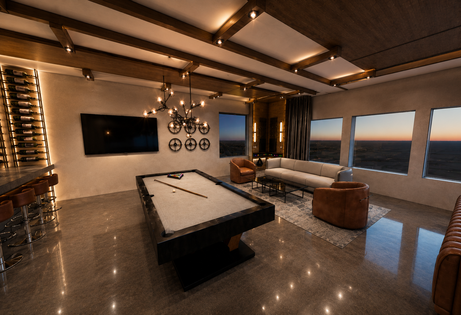 Private Race Car Lounge — billiards area with wine wall and panoramic city views