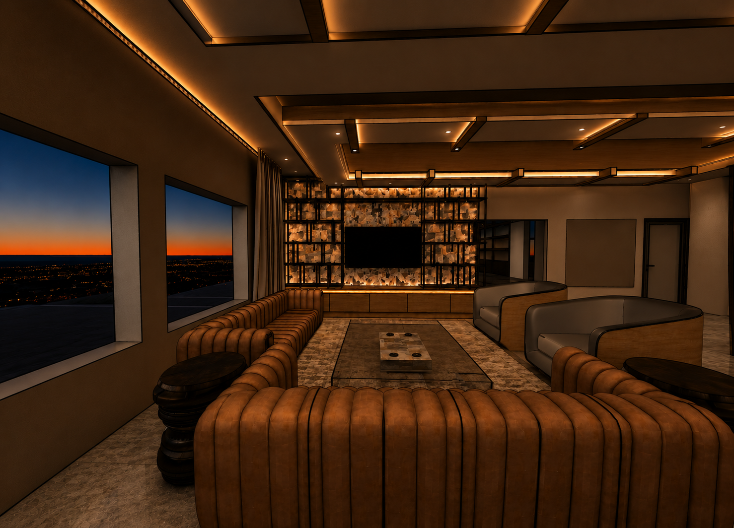 Private Race Car Lounge — seating area with warm ambient lighting