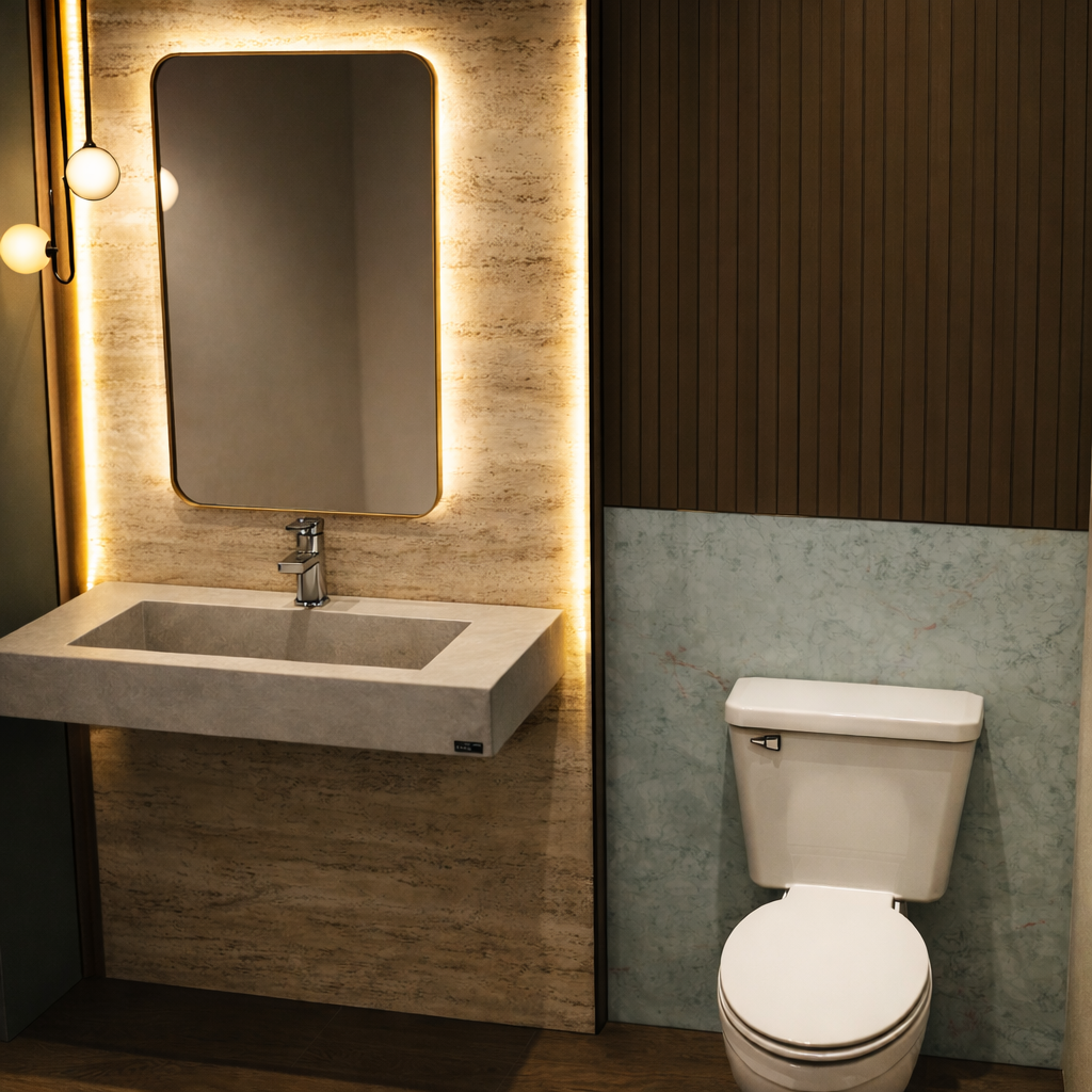 Wellness Spa — bathroom with travertine wall and backlit vanity mirror