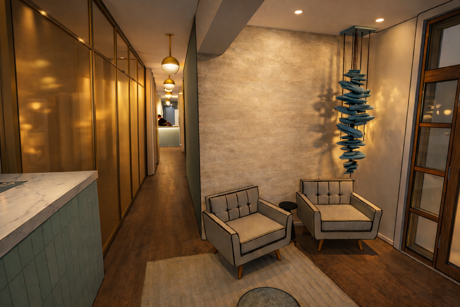 Wellness Spa — hallway with brass-paneled walls and waiting seating