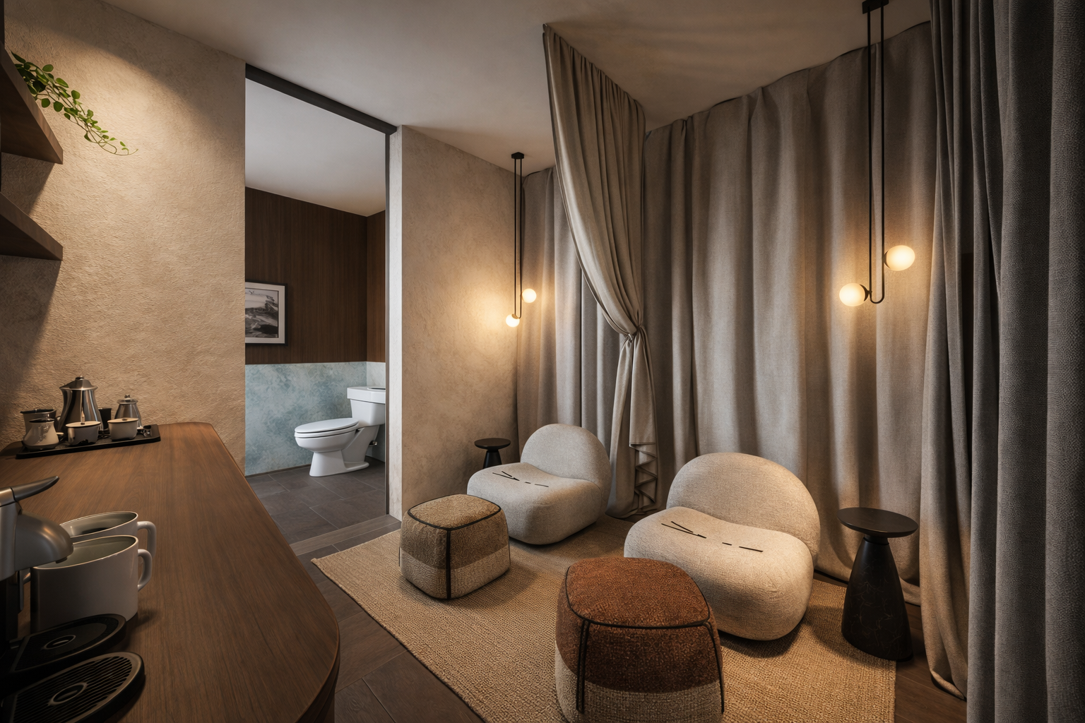 Wellness Spa — lounge seating area with draped curtains and pendant lighting