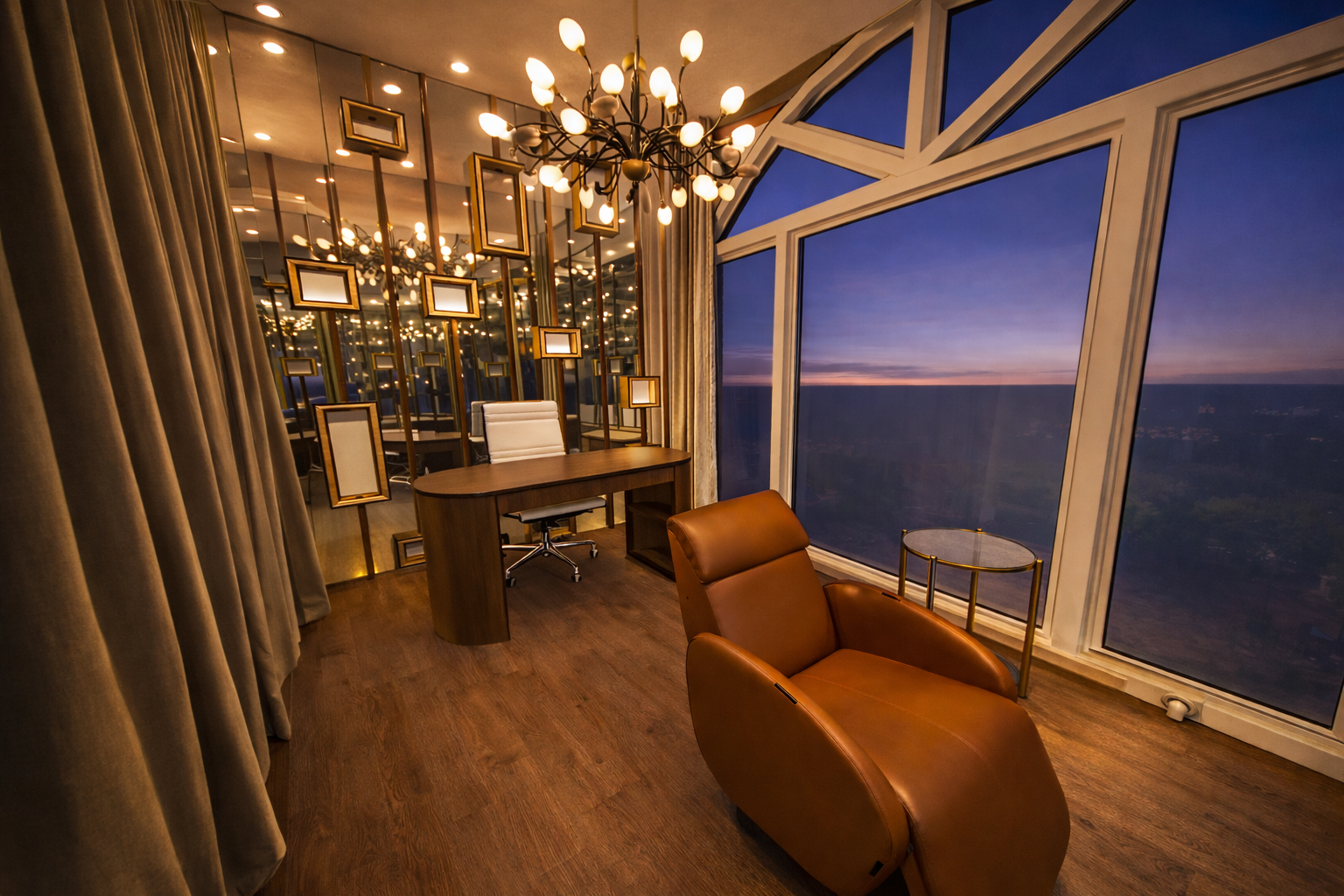 Wellness Spa — private office with city views, chandelier and leather chair
