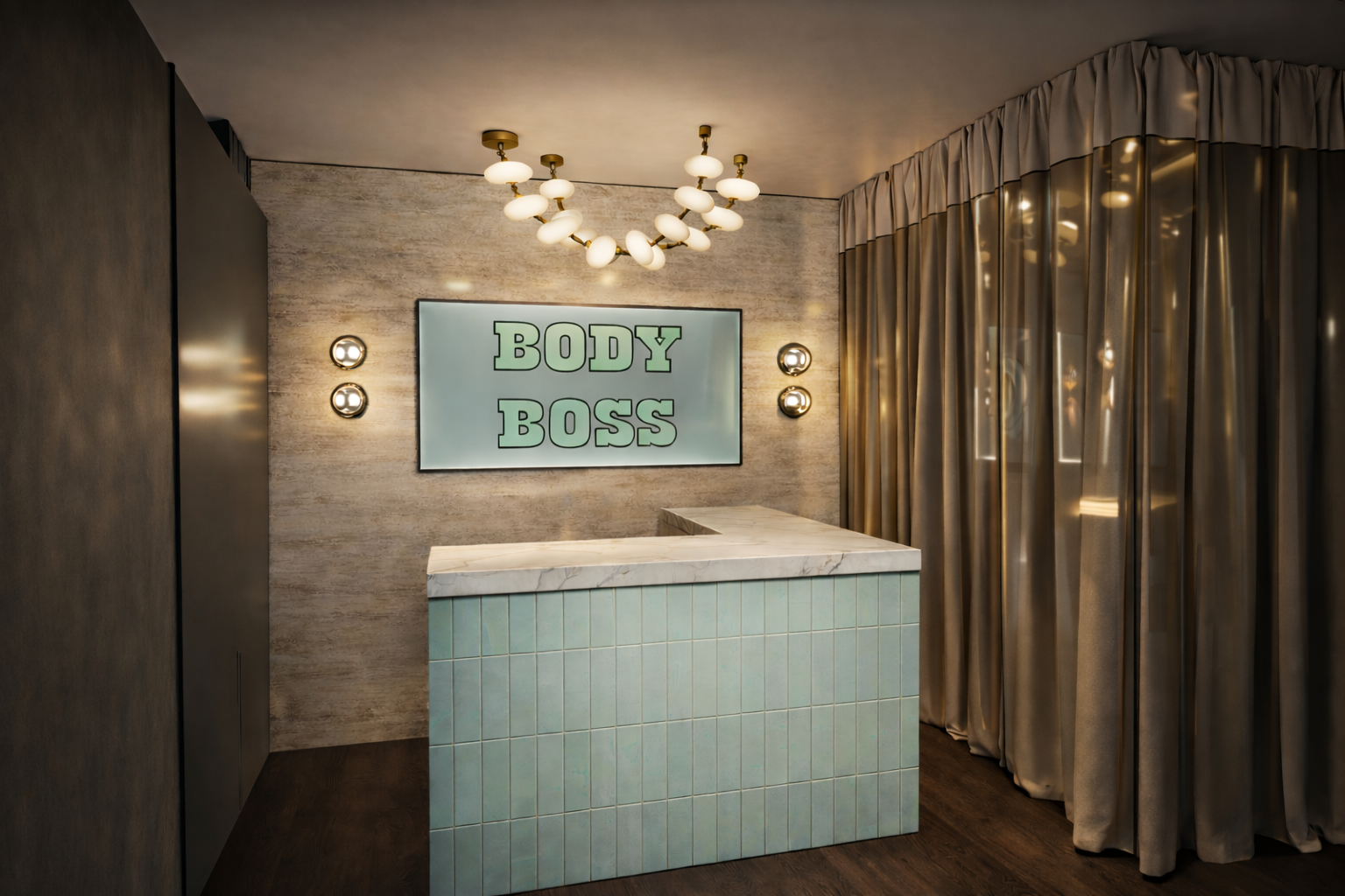 Wellness Spa — reception area with mint tile desk and Body Boss signage