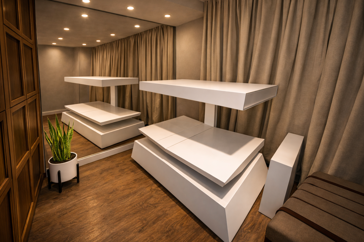 Wellness Spa — recharge pod room with white treatment platforms