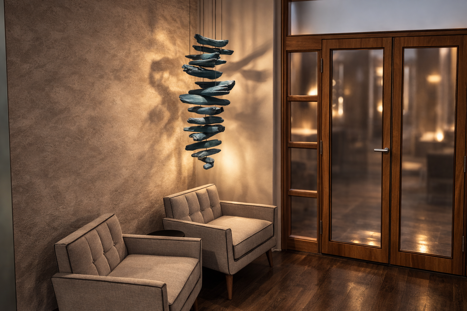 Wellness Spa — waiting area with sculptural hanging installation and entry doors